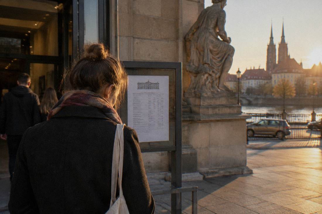 A visitor checking museum opening hours on a printed schedule at the entrance in Wroclaw