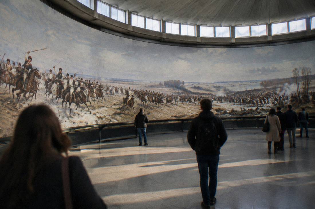 The circular rotunda hall of the Panorama Raclawicka in Wroclaw with its wrapped painting