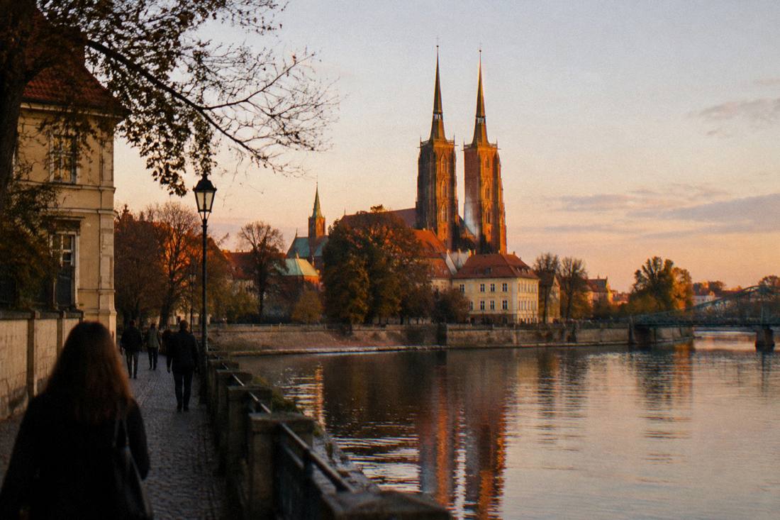 Evening light on the cathedral towers and the river below