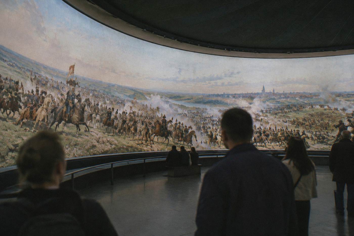 The curved painting of the Raclawice battle stretching around a darkened rotunda viewing hall