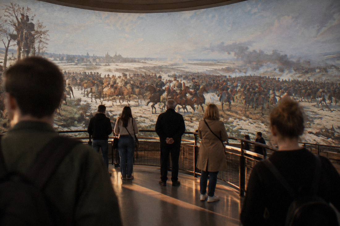 Visitors standing on a central platform looking at the wrapped-around painted battle scene