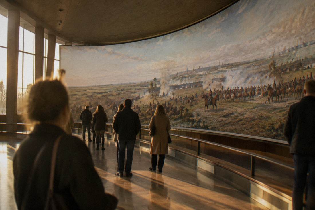 A museum gallery hall with visitors looking at displayed artworks