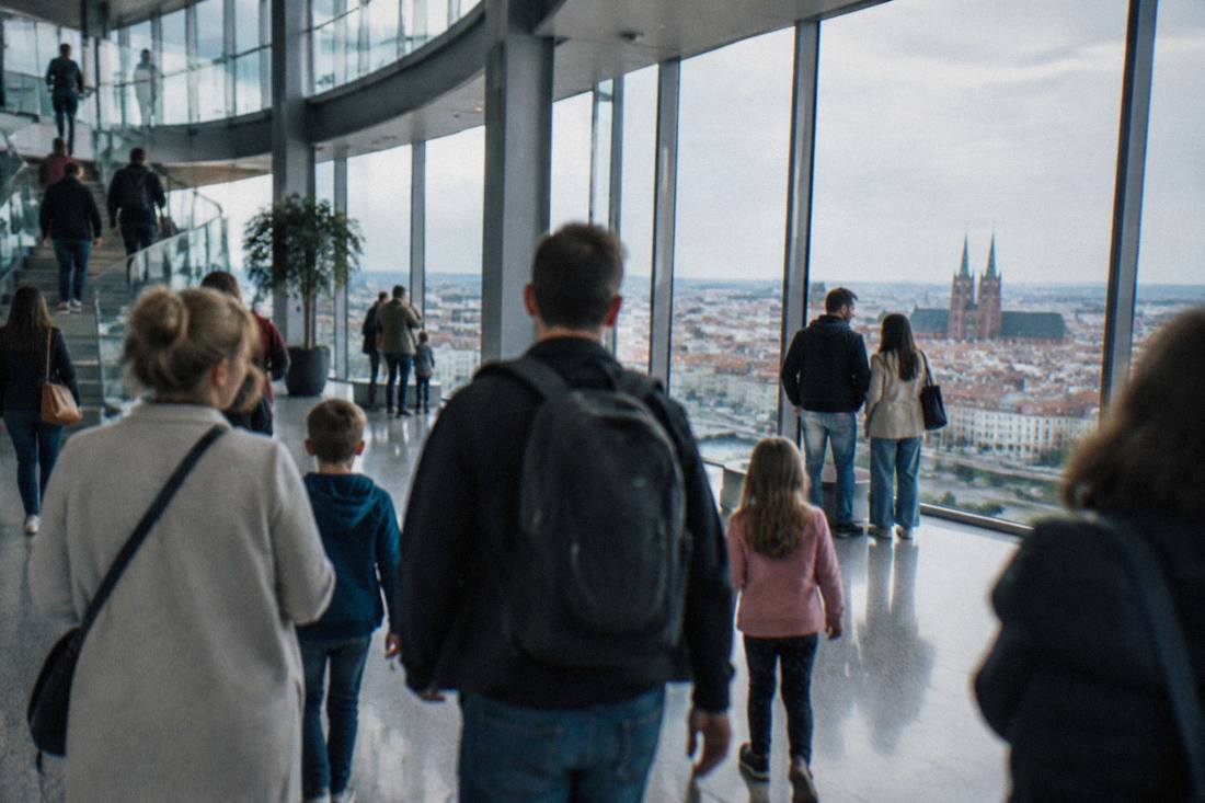 Families and visitors walking through a bright modern building atrium