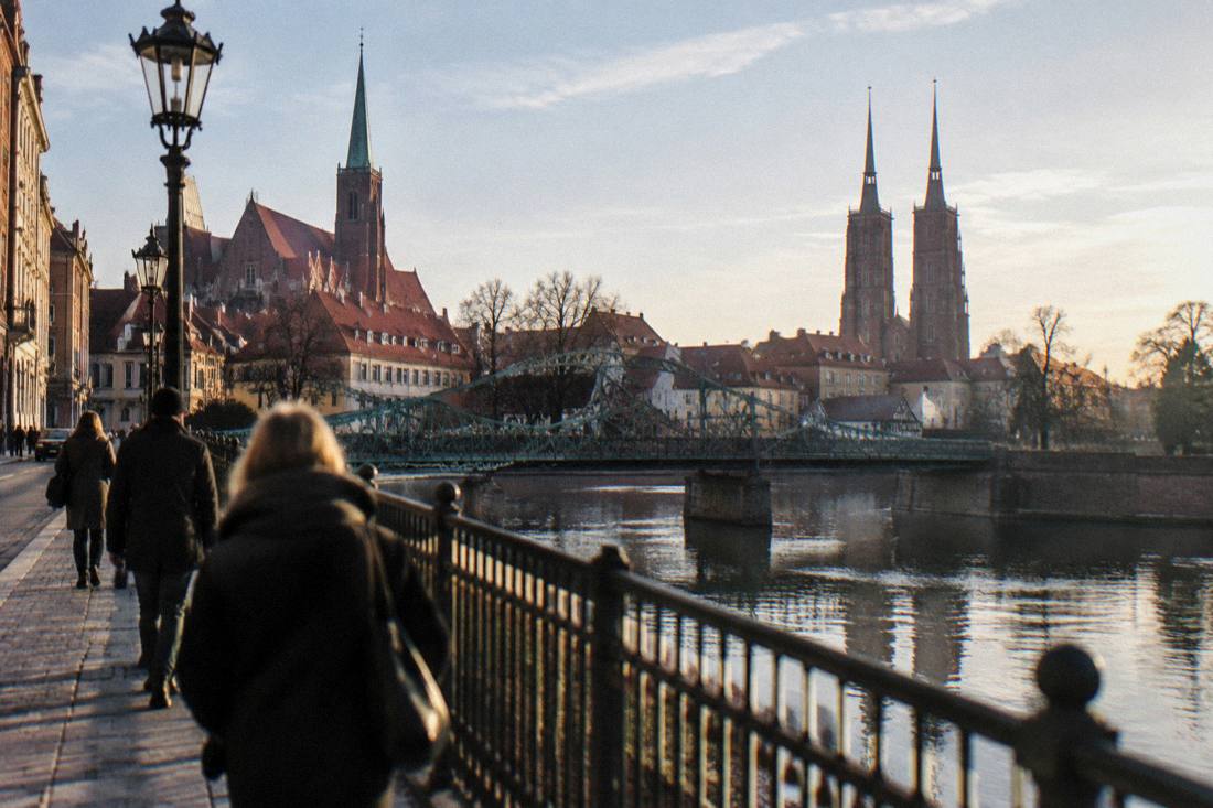 Bridges over the Odra river with cathedral towers rising beyond the old town