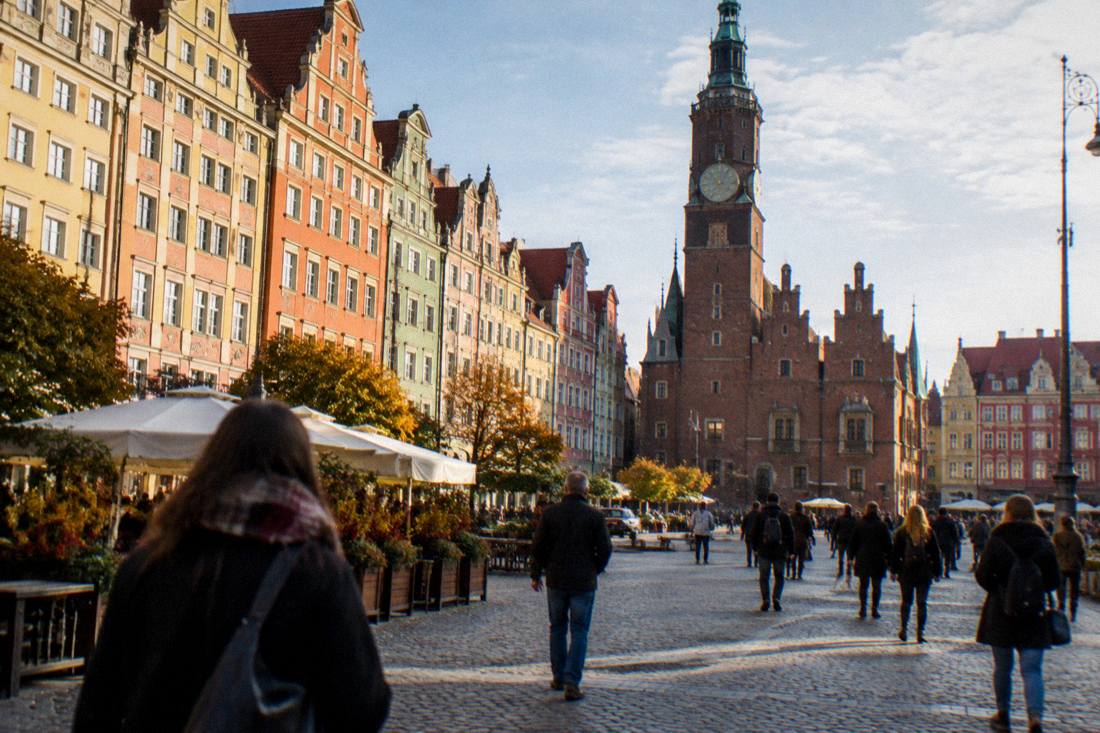The market square of Wroclaw with colorful townhouse facades in daylight