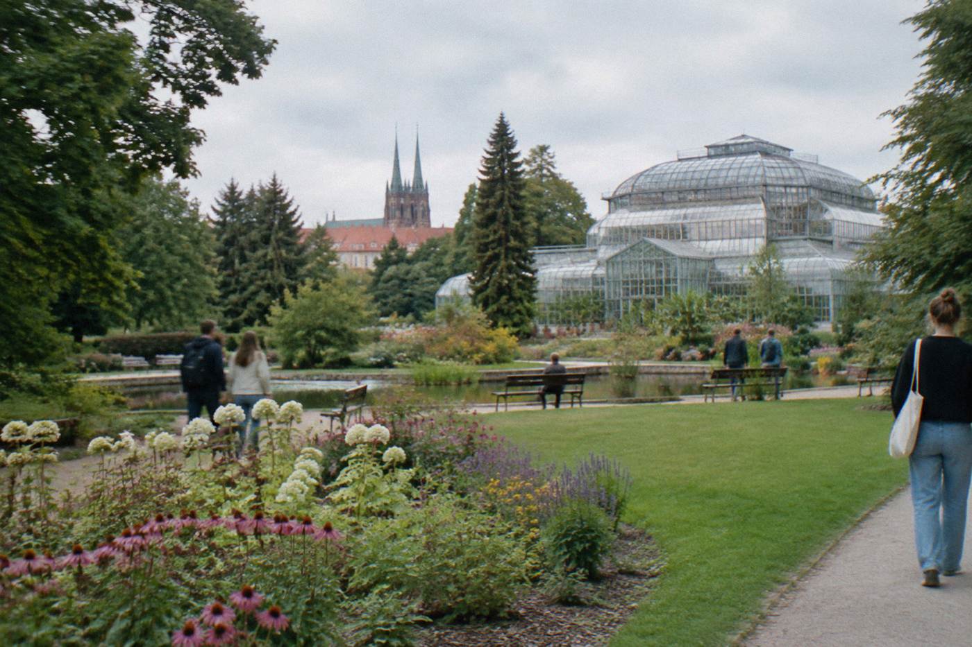 A peaceful green garden path lined with tall trees and flower beds on a sunny day in Wroclaw