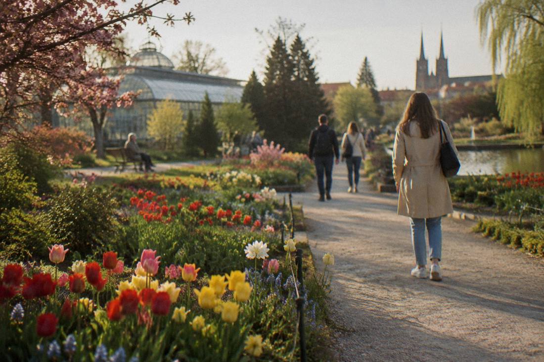 Spring flower beds with colorful blooms and a gravel path running between them in a botanical garden