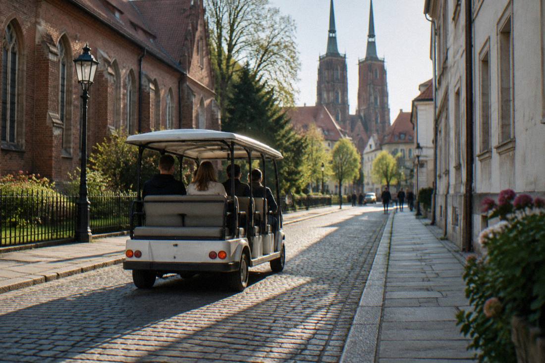 A small open electric sightseeing car driving along a street with historic buildings on both sides