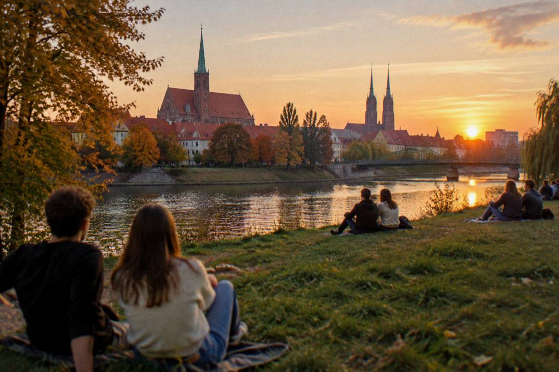 People relaxing on a grassy riverside island at sunset with a city skyline behind them