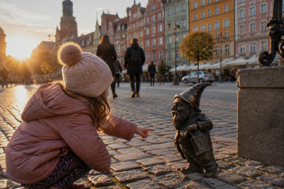 A child pointing at a small bronze dwarf figure on a cobbled square in front of colorful townhouses