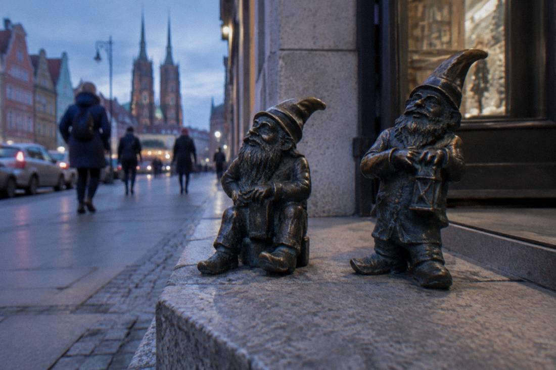 Two bronze dwarf statues beside each other on a stone ledge near a shop entrance