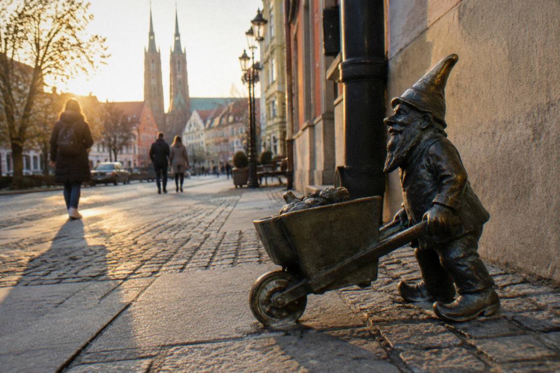 A bronze dwarf statue photographed in soft evening light on a quiet old town street
