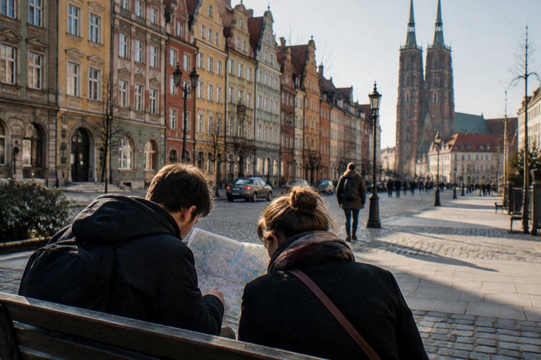 Two visitors comparing a city map on a bench beside historic townhouses