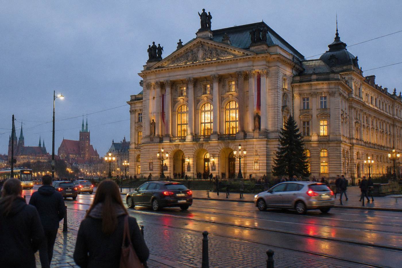 Evening view of a grand opera house facade with lit windows and a busy city street in front
