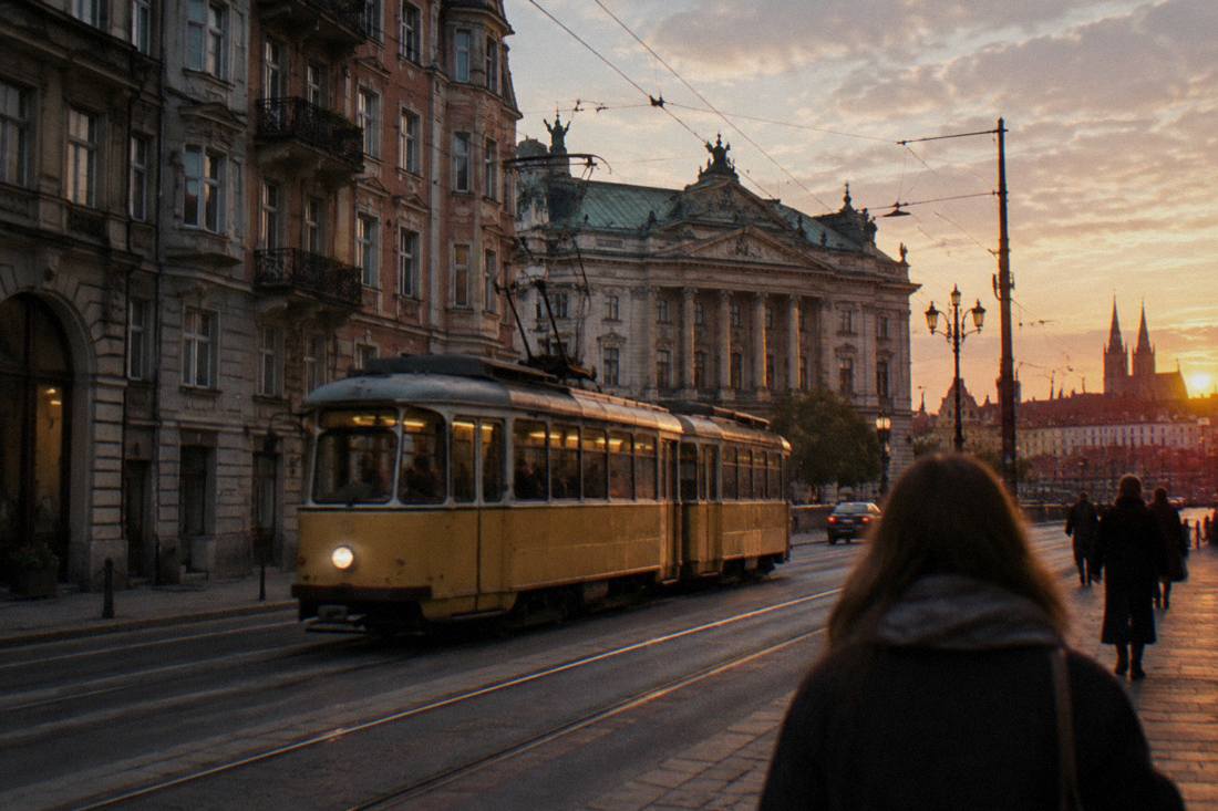 A vintage yellow tram passing historic apartment buildings on a city street at dusk