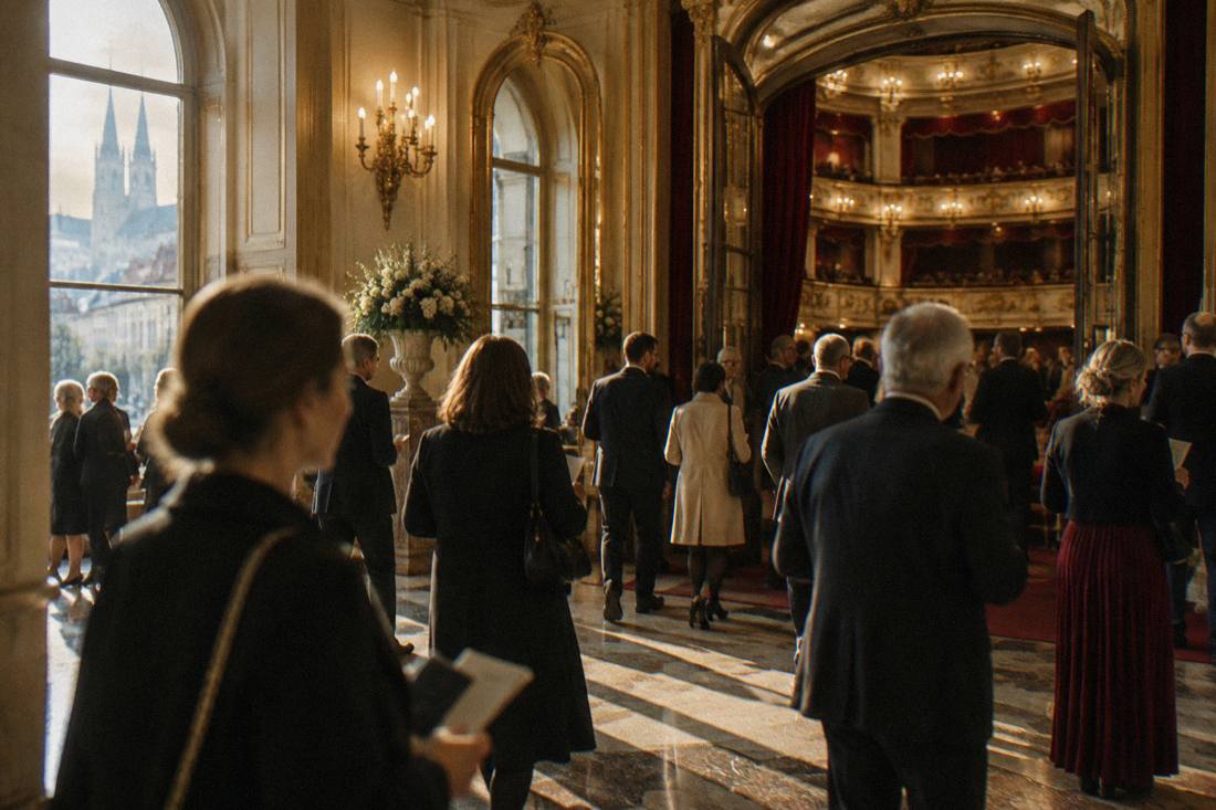Audience members gathering with programs in a gilded theater foyer before a show