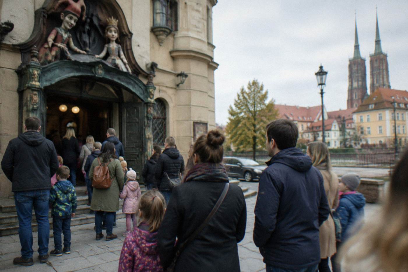 Families gathering outside a puppet theatre building in central Wroclaw before a performance