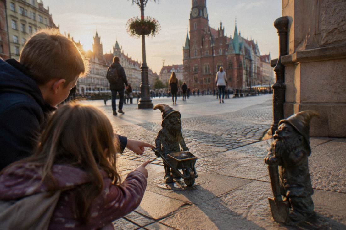 Children pointing at bronze dwarf statues on a street in central Wroclaw