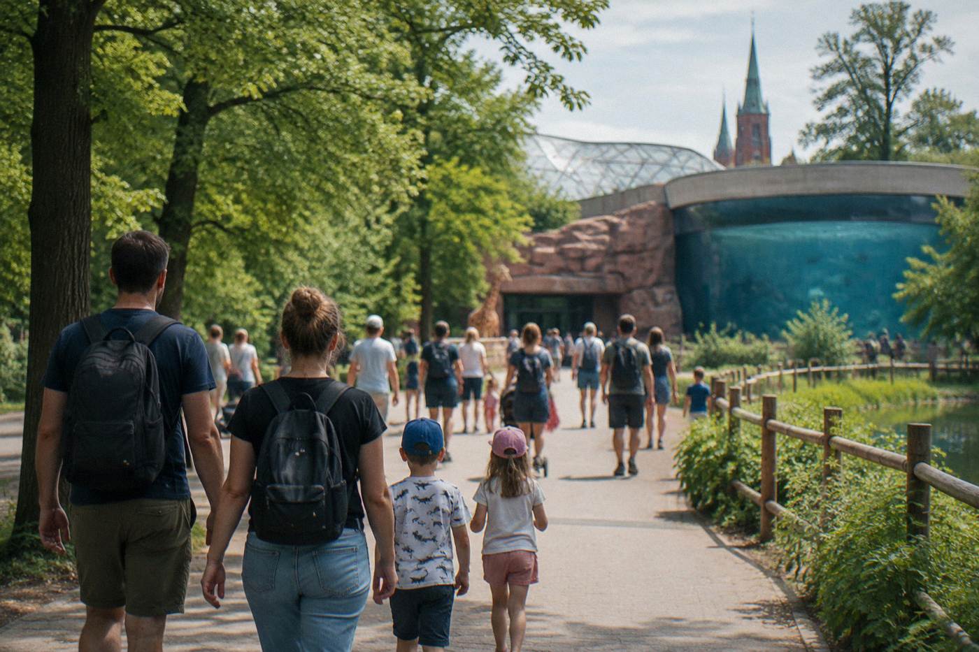Families walking along a tree-lined path toward a zoo entrance on a sunny day
