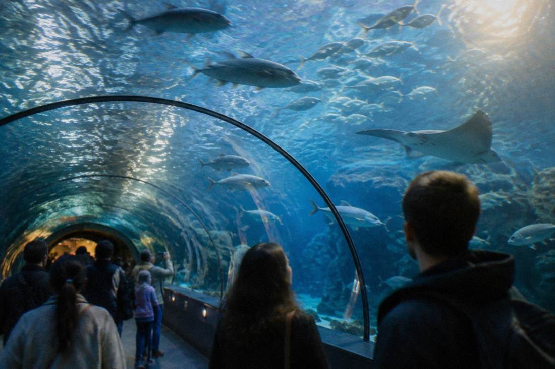 A curved aquarium tunnel with visitors watching fish swim overhead under blue light