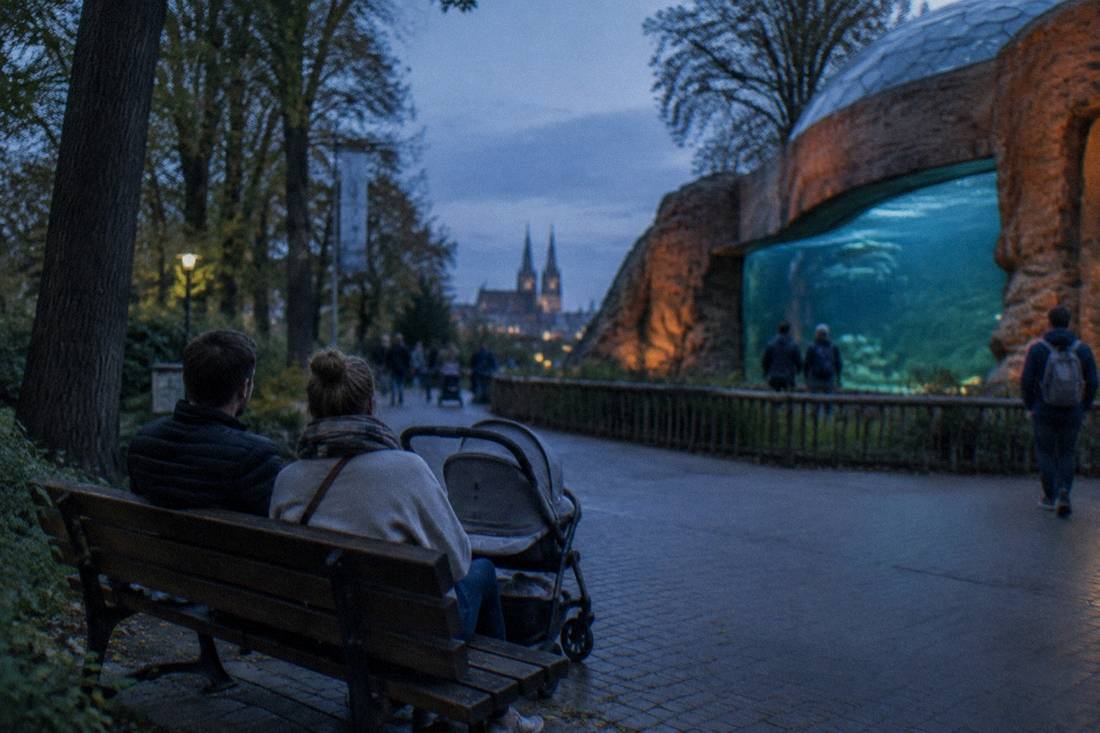 A couple with a stroller resting on a bench beside a zoo pathway with tall trees