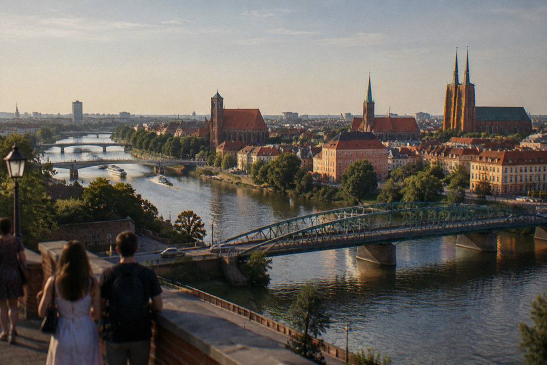 The Odra river and bridges of Wroclaw seen from above on a summer morning