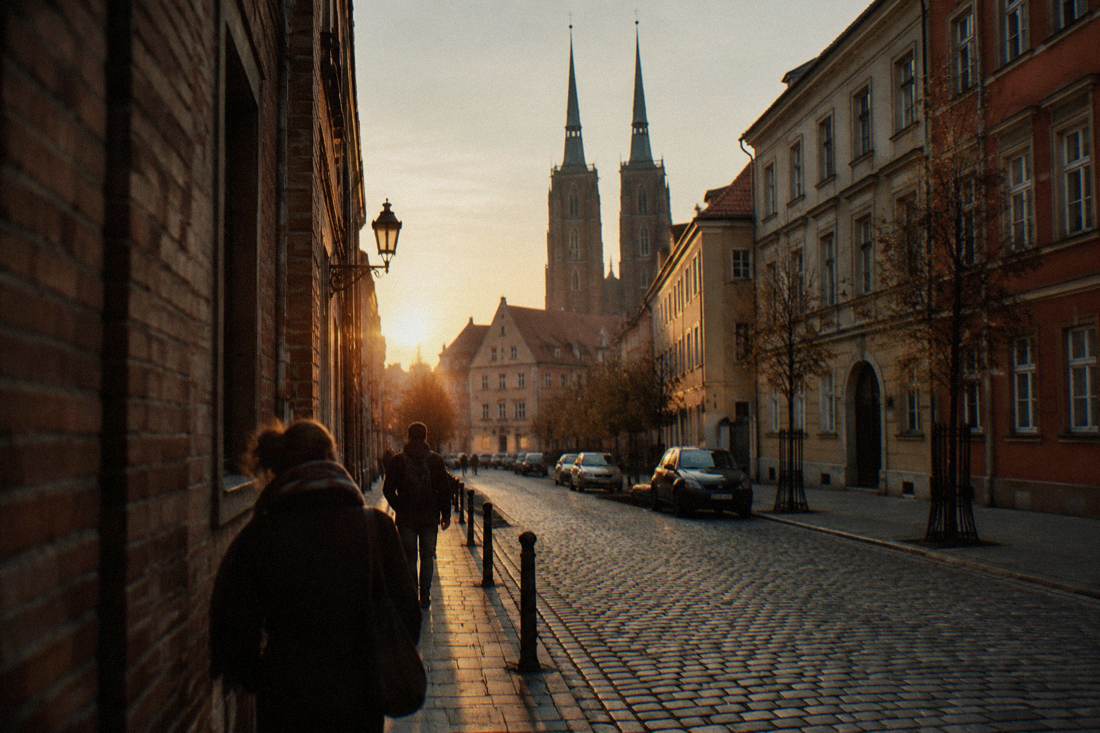 A quiet side street in Wroclaw's old town in early morning before the day begins