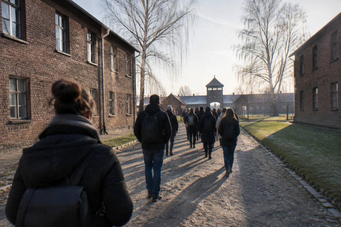 A tour group walking a path between brick barracks buildings at the memorial site