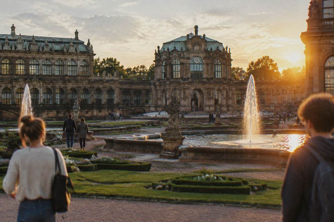 Ornate palace buildings beside a formal garden with fountains