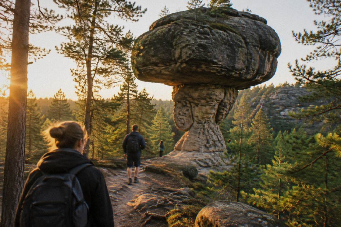A mushroom-shaped sandstone boulder standing in a green pine forest