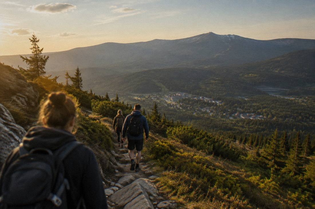 Hikers on a mountain ridge path above rolling forest in the Giant Mountains