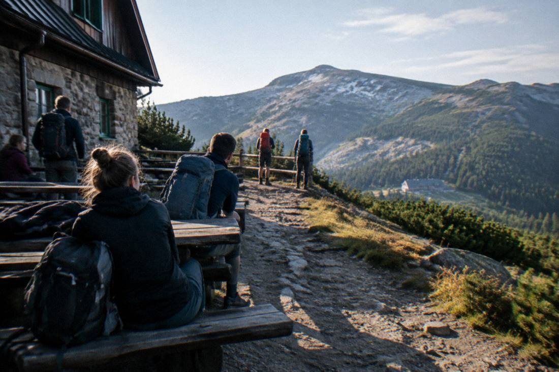 Hikers with backpacks resting at a mountain hut on a ridge trail