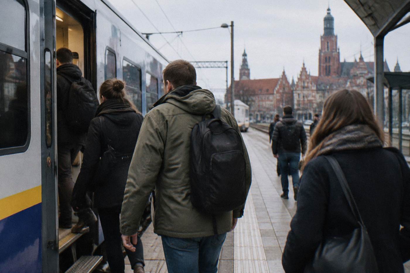 Train standing at a platform in a Polish railway station with passengers boarding