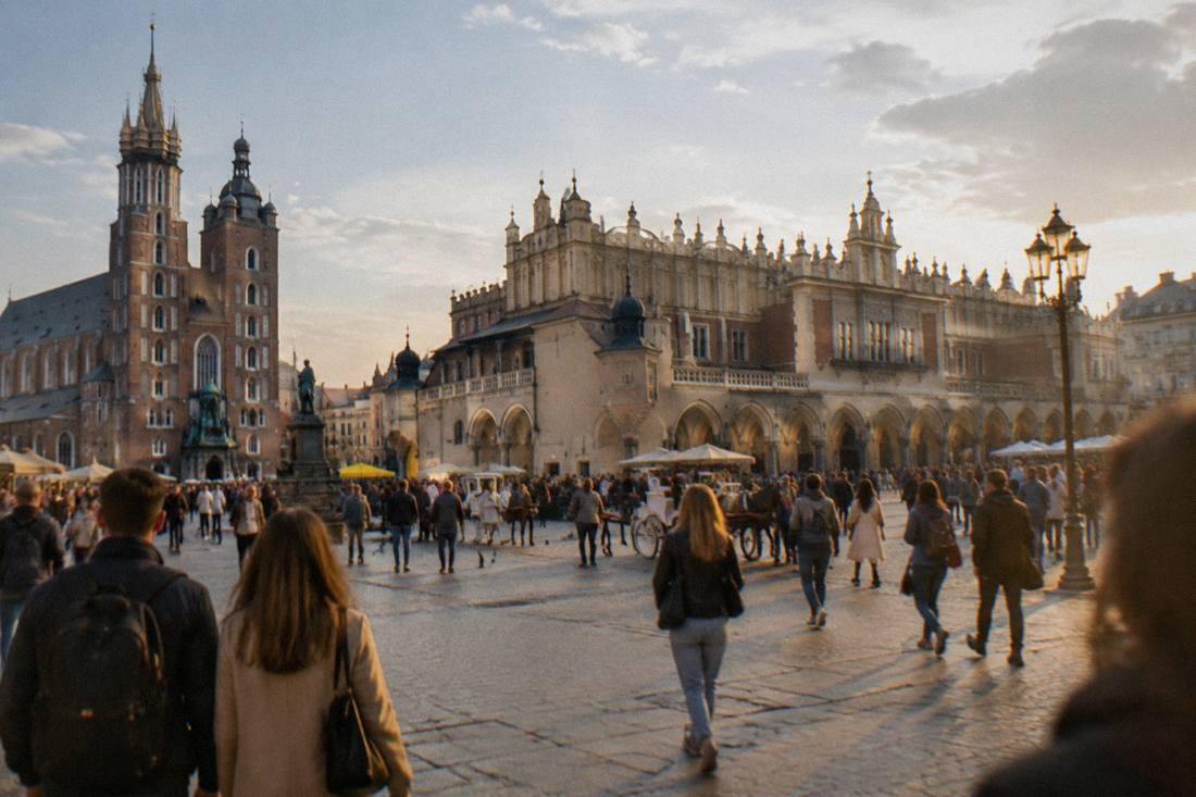 Krakow's large main market square with the cloth hall in the center and crowds walking