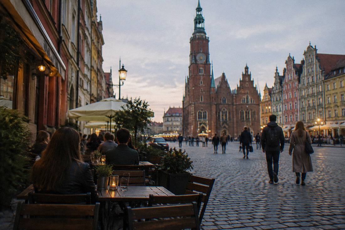 Café tables on a cobbled street in a Polish old town at dusk