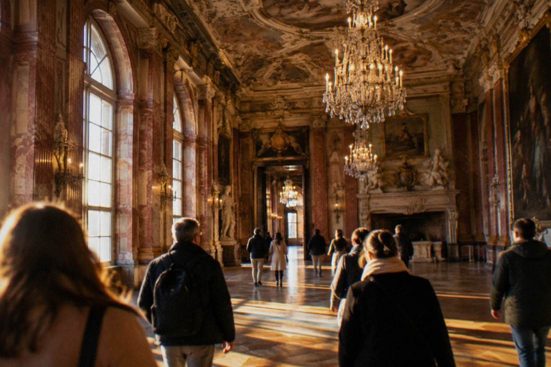 Tourists walking through a grand hall with chandeliers and ornate ceilings inside a Silesian castle