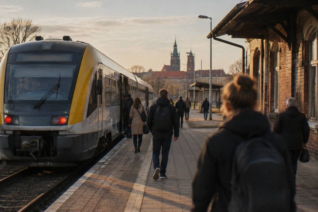 A regional train waiting at a small Polish railway station platform