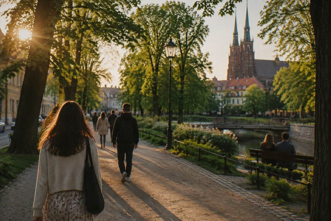 A tree-lined park path in a Polish town in late spring sunlight