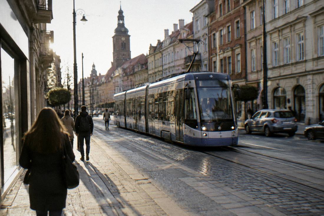 A modern tram moving along a street in central Wroclaw