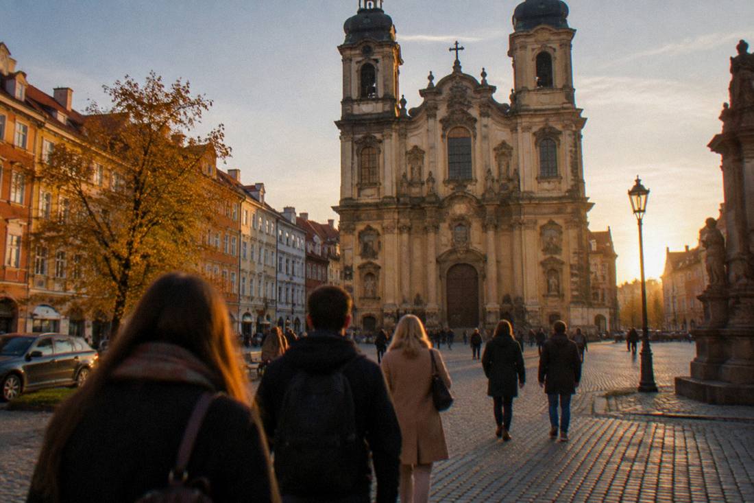 Travelers walking across a cobbled square toward a baroque church facade at golden hour