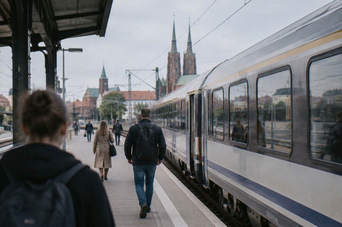A passenger train waiting at a platform in a Polish railway station on a bright morning