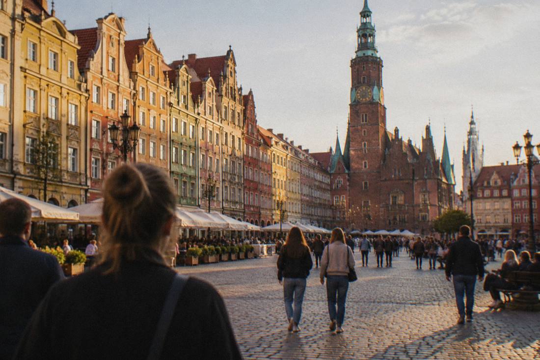 Colorful narrow merchant houses ringing a large old town square in Poland