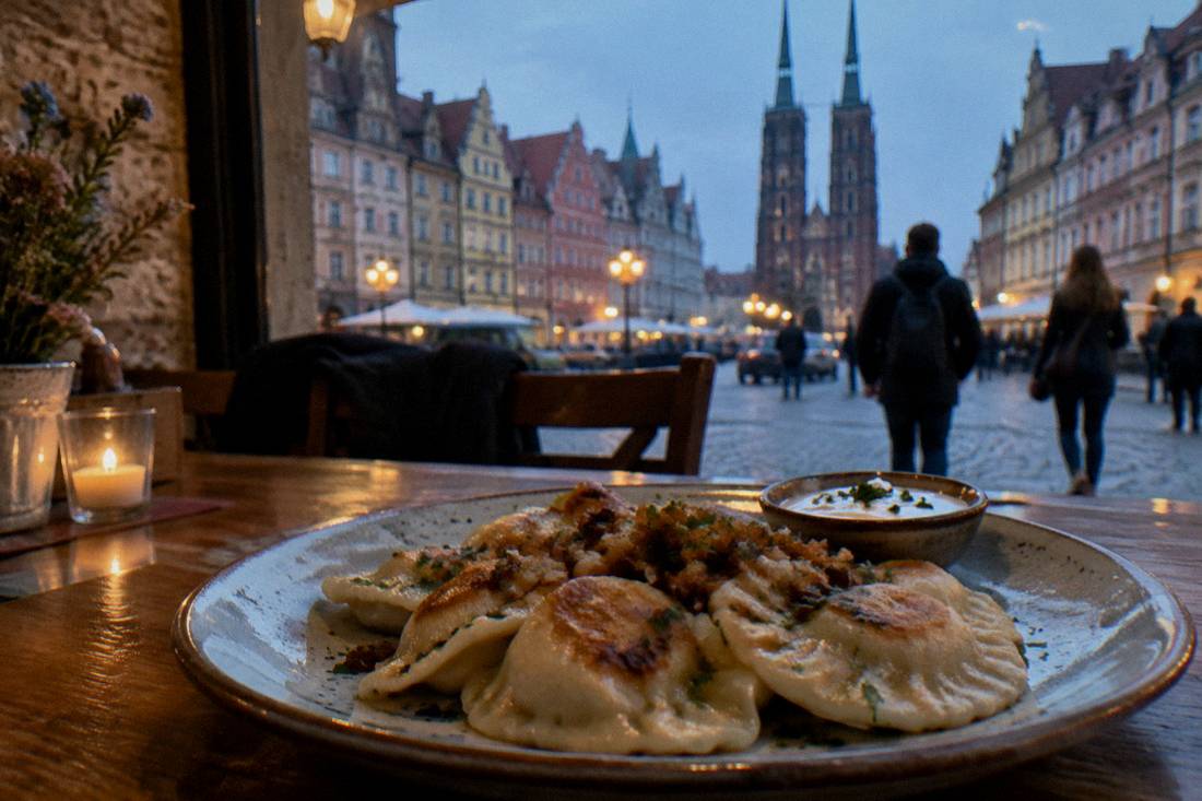 A plate of pierogi served on a wooden table in a Polish old town restaurant
