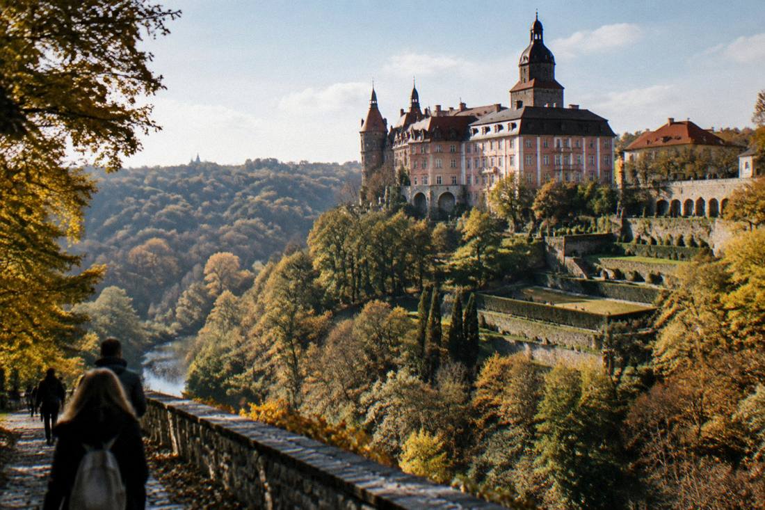 A hillside castle with terraced gardens above a wooded valley in Lower Silesia