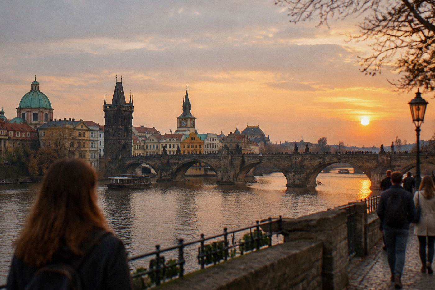 A riverside view of Prague's historic bridges and old town rooftops at golden hour