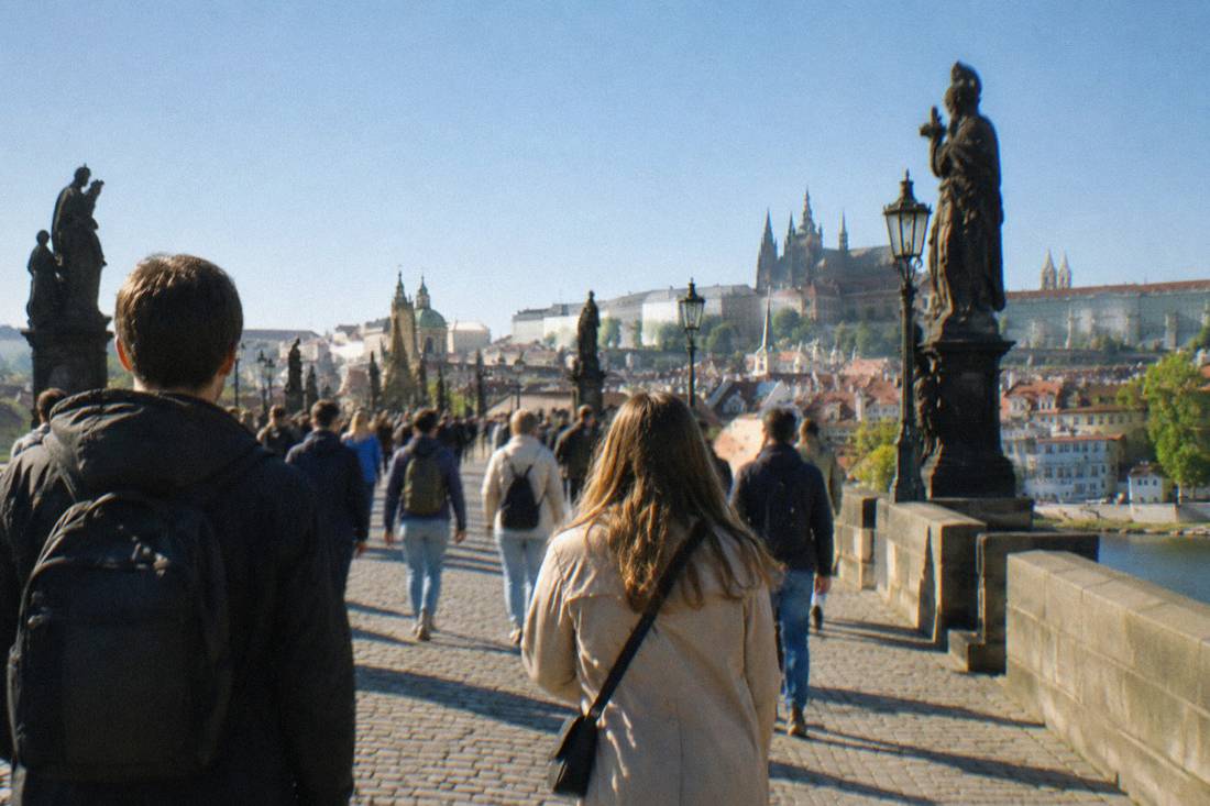 Pedestrians crossing Charles Bridge toward the Prague castle skyline in morning light