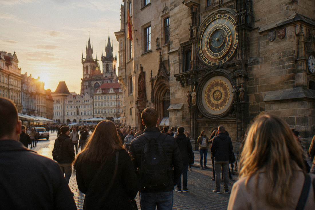 Visitors gathered below the astronomical clock on the town hall in Prague's Old Town Square
