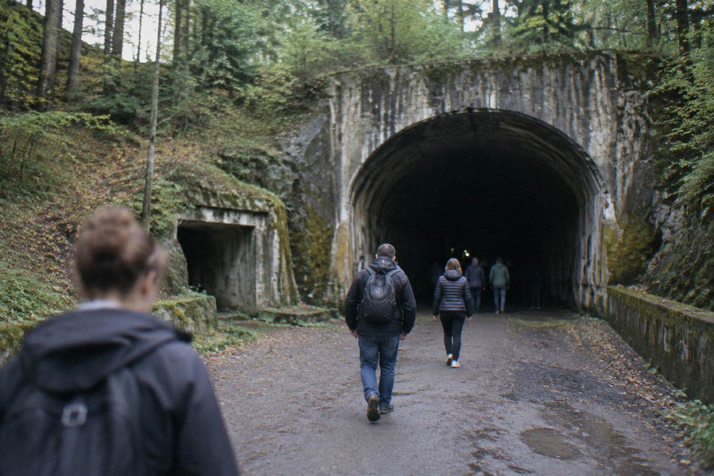 Concrete tunnel entrance in a forested hillside in Lower Silesia, Poland