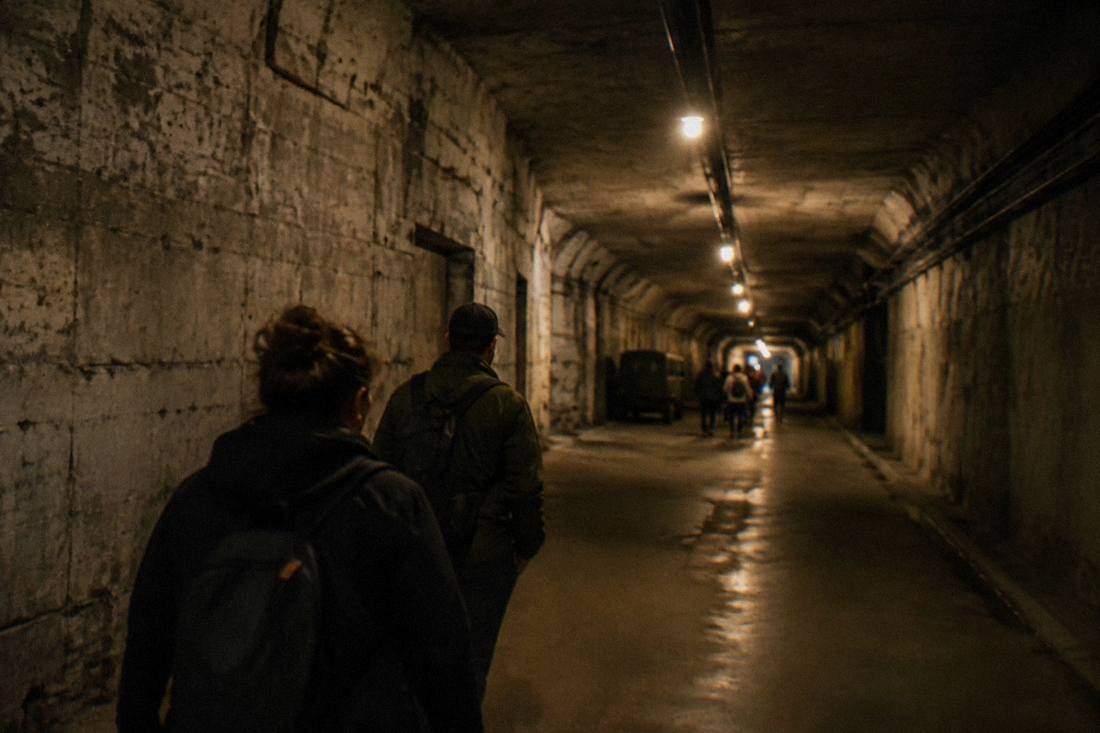 Long dim concrete corridor with rough walls inside an underground complex