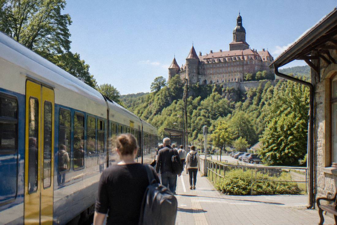 Regional train standing at a station platform in Lower Silesia